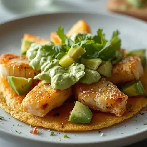 Skillet Fish Tostadas with Avocado Crema recipe