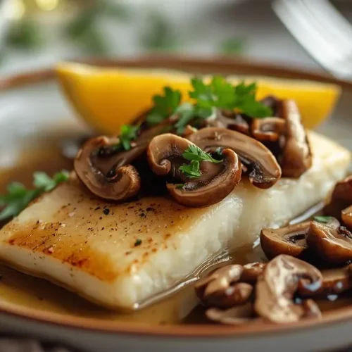 Skillet Pan-Seared Halibut with Mushrooms recipe
